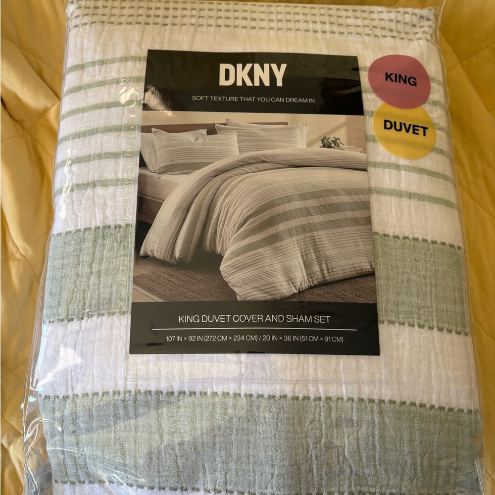 DKNY King Duvet Cover Set in Sage Green and White Stripe